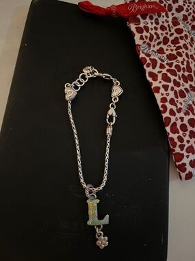 Brighton Silver-Tone Bracelet with Yellow-Green Enamel 'L' and Flower Charm